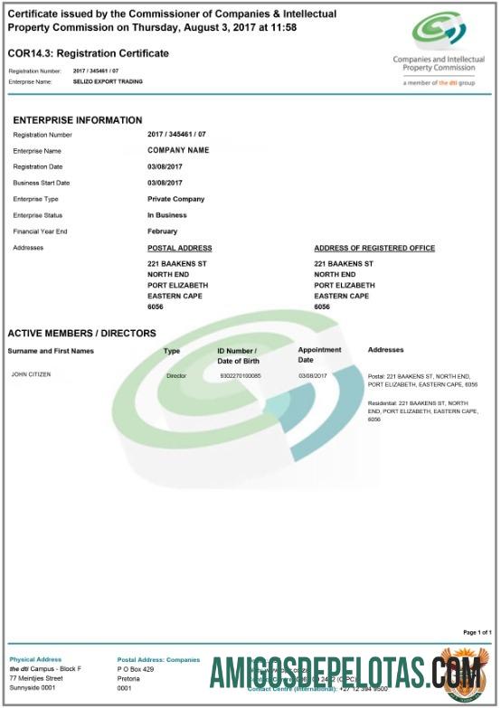 South Africa Registration Certificate modelo